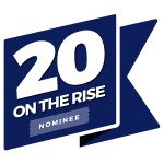A blue and white logo with the words " 2 0 on the rise nominee ".