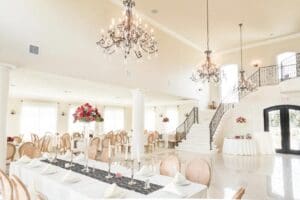 Elegant wedding reception venue with chandeliers.